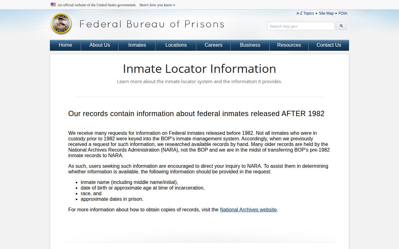 Federal BOP Nicholas County release locator field guidance
